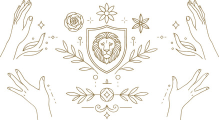 Mystical sacred line art composition with lion head hands botanical elements stars and spiritual symbols elegant boho vector illustration © REYAD