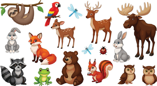 Cute Forest Animals Cartoon Wildlife Character Collection with Birds and Insects Vector Illustration