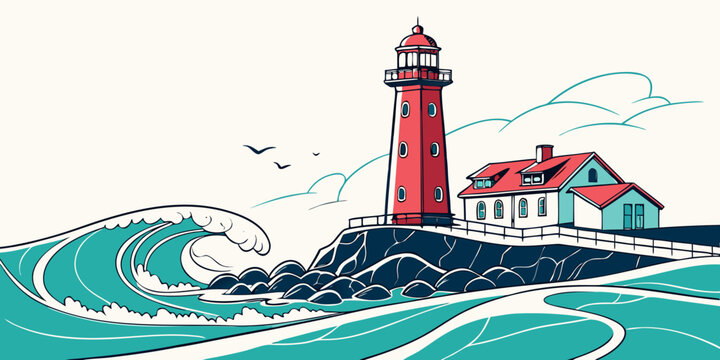 A red lighthouse on a rocky coastline with waves crashing Vector