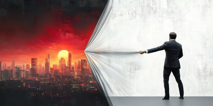 man in suit pulls back white curtain on a plain wall to reveal a glowing red sunset city skyline with a large sun, conveying discovery and ambition