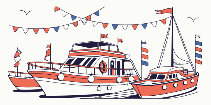 A red and white boat with a sail and flags Vector