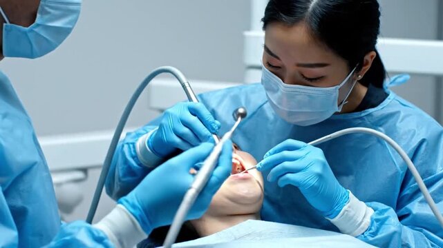 Professional Dental Procedure in Modern Clinic with Dentist and Assistant Treating Patients Teeth