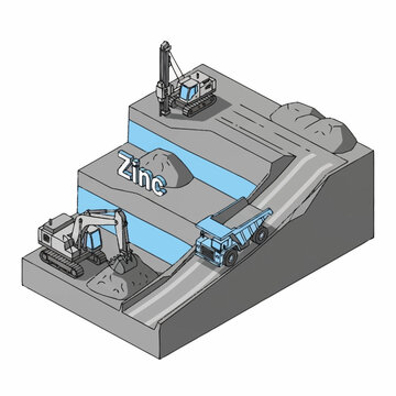 Illustration of zinc mining process with heavy machinery on a stepped landscape.