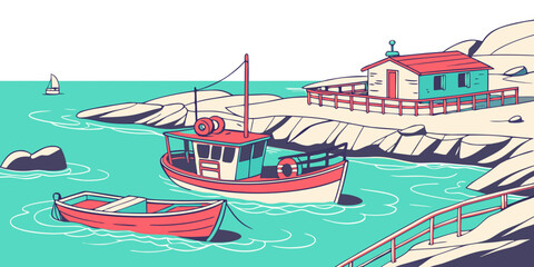 A red and white boat is anchored near a small island with a house Vector © MST CHIN BANU BEGUM