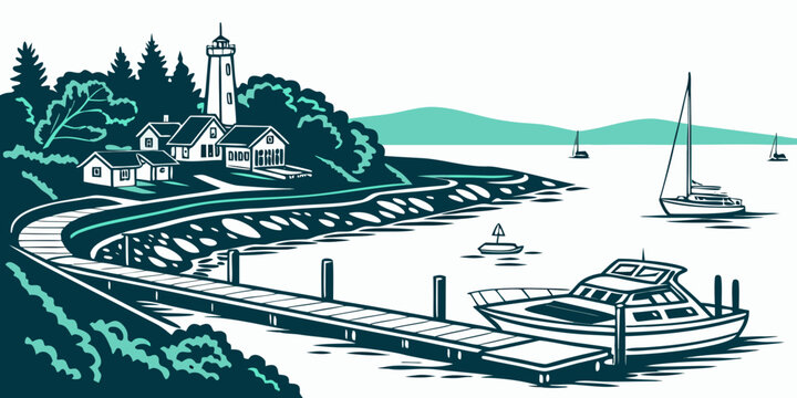 A small coastal town with a harbor and sailboats Vector
