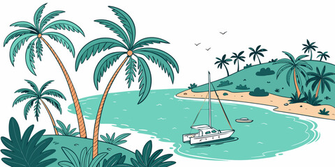 A serene tropical island with a sailboat anchored near the shore Vector © MST CHIN BANU BEGUM