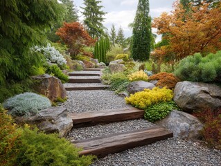 Beautifully Landscaped Garden Path with Wooden Steps and Colorful Plants.
