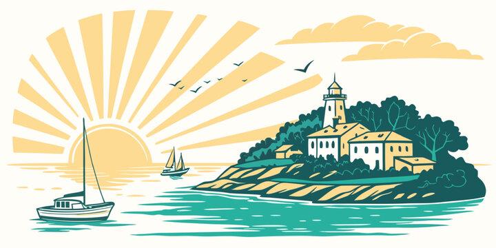 A small island with a church and a sailboat Vector