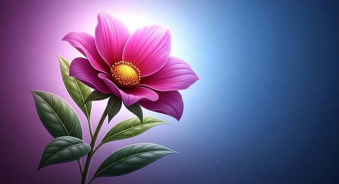 A pink flower with green leaves on a purple and blue background