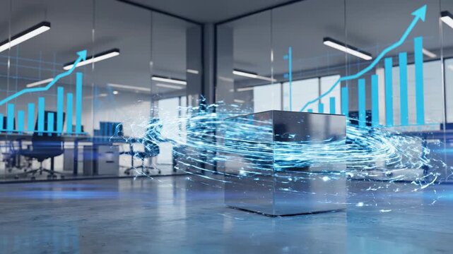 Data analytics and business intelligence in a modern office environment for financial forecasting market trends and investment strategies with data cube visualizing complex information flow