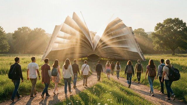 Group of people walking towards large open book in sunny field
