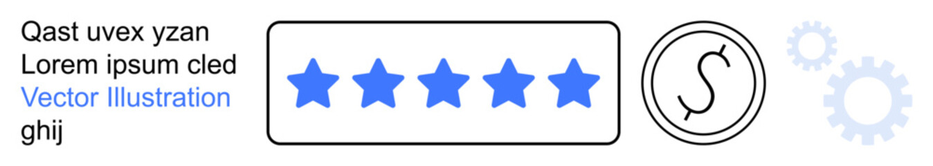 Obraz premium Customer feedback, quality assurance, review system, financial services, business process, e-commerce. Five blue stars, currency symbol and gears. Customer feedback and quality assurance theme