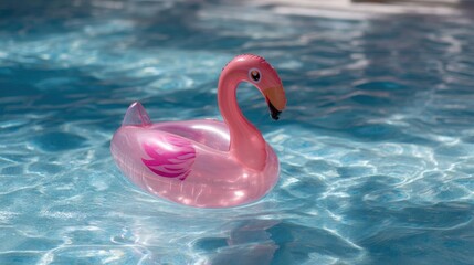 Naklejka premium Pink flamingo floating in a swimming pool. the flamingo is made of inflatable material and has a long neck and beak. it is floating on the surface of the water, which is a bright blue color.
