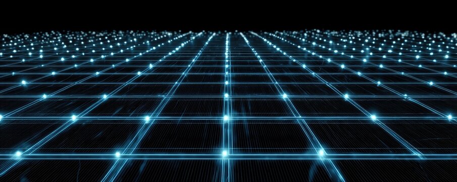 Abstract Digital Grid with Glowing Blue Nodes and Lines on Black Background.