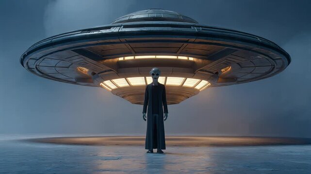 A person stands under a glowing spaceship on a dark landing pad.