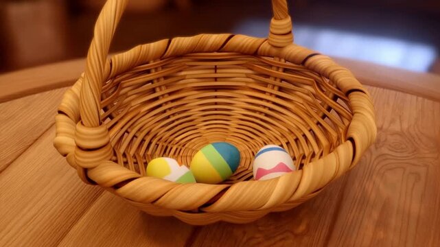 A magical loopable animation of painted eggs materializing into an empty basket on a table with sparkle concept of easter magic and abundance
