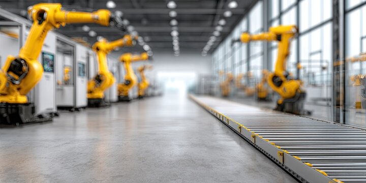 Automated Robotic Arms in a Modern Factory Assembly Line.