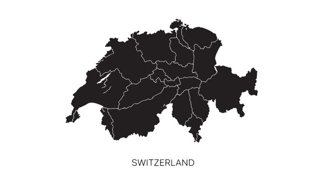 Switzerland map with internal cantons outlined in white against a black background and the text 'Switzerland' below.