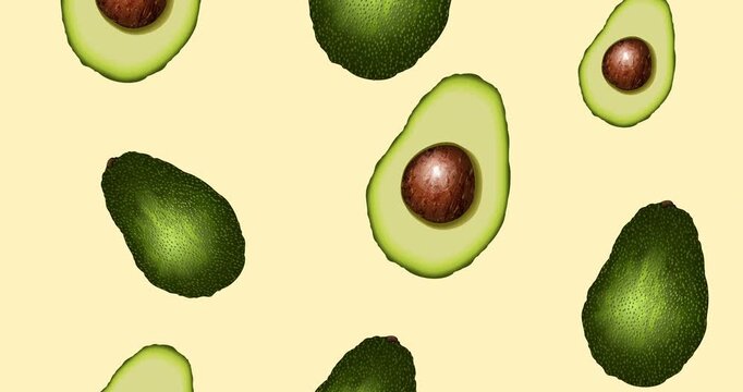 Avocado fruit. Animation seamless pattern of whole , half with bone, piece without bone exotic fruit. 4K seamless loop video moving