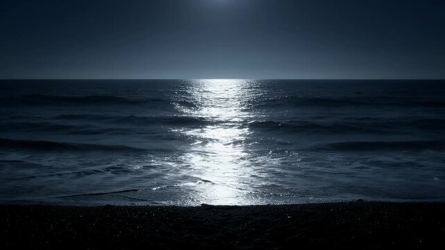 Moonlit ocean waves gently kiss a dark beach under a deep indigo twilight sky
