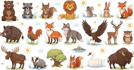 Fototapeta premium Cute Forest Wildlife Animals Cartoon Collection Bear Fox Deer Eagle Vector Illustration Set