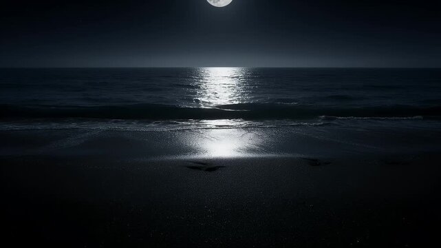 Full moon illuminates ocean with bright path to dark beach and gentle waves at night