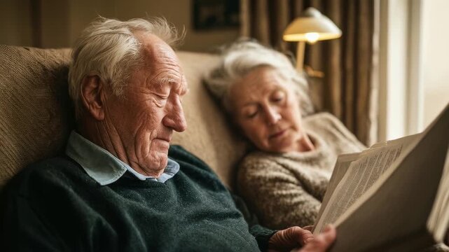 Senior couple relaxing at home, reading newspaper together. Peaceful retirement lifestyle, enjoying quiet moments. Warm, cozy living room setting. Comfortable, intimate connection.