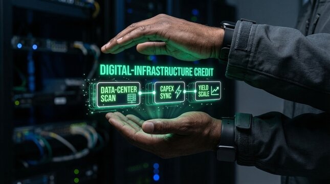 Man showcasing digital infrastructure credit concept with data center scan Capex sync and yield scale