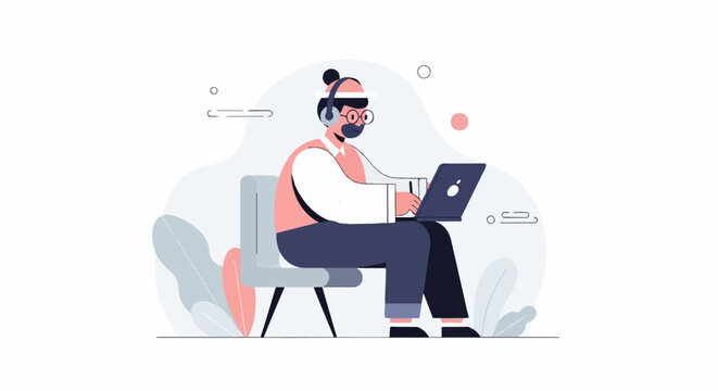 Person in headphones sits on chair, working on laptop with stylized plants