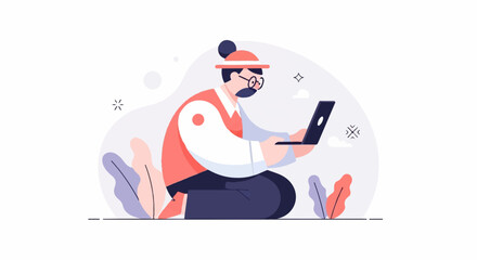 Obraz premium Person in hat and glasses on laptop surrounded by plants and abstract shapes