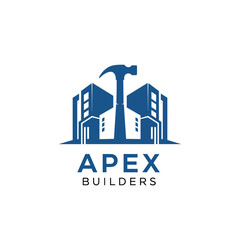 Fototapeta premium Apex Builders Hammer and Blue Buildings Construction Logo on Isolated White Background