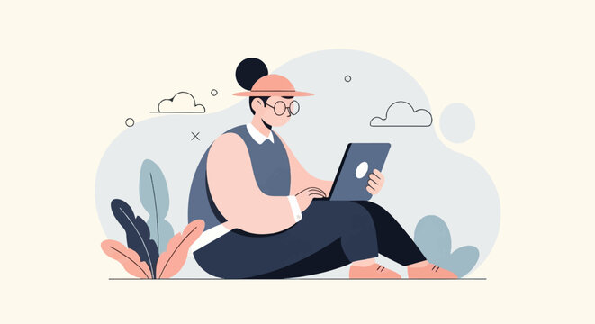 Person in hat and glasses sitting on ground using laptop, surrounded by abstract shapes and plants
