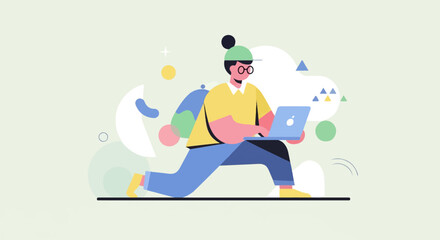 Obraz premium Person in motion using laptop amidst abstract shapes and circles
