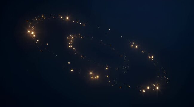 Abstract golden glowing particles forming an elliptical shape on a dark blue background