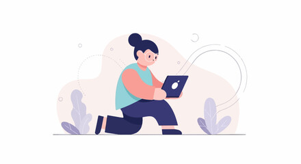 Obraz premium Person in purple pants and blue shirt kneels with laptop