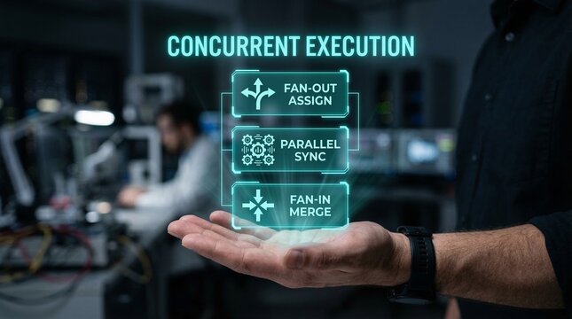 Man showing concurrent execution concepts with hand in modern workspace setting
