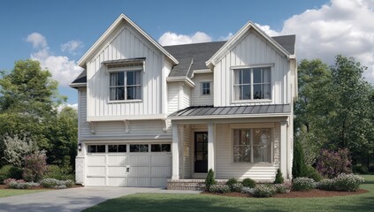 Modern Farmhouse Style Two-Story Residential Home with Attached Garage.