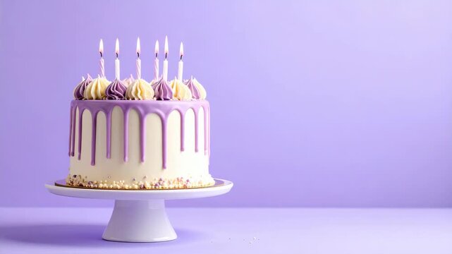 Celebration drip cake with lit candles and purple frosting against a pastel background