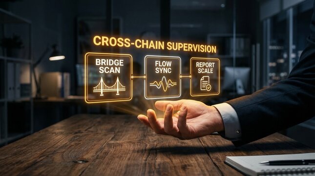 Businessman presenting cross chain supervision concept with bridge scan flow sync and report scale icons hovering over his hand in a modern office