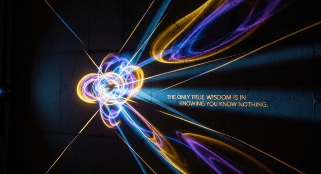 A digital artwork featuring a glowing, abstract light pattern with a philosophical quote projected on a dark background.