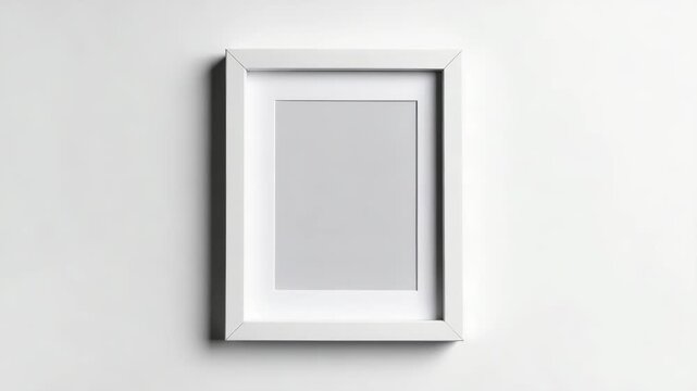 Empty white picture frame with passepartout mounted on a textured light gray wall