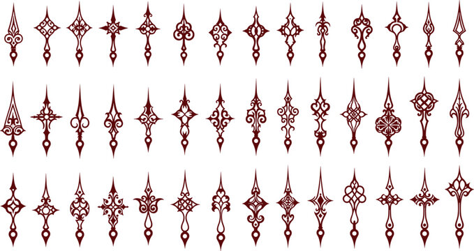 Large collection of vintage clock hands vector silhouettes, ornamental antique watch pointers set, decorative filigree arrow heads isolated on white background.