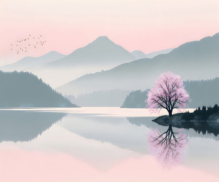 Landscape with pink cherry blossom tree reflecting in calm lake water
