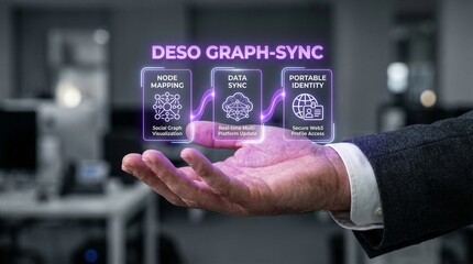 Fototapeta premium Businessman presenting Deso Graph-Sync technology with node mapping, data sync, and portable identity features in a futuristic workspace setting with innovative digital interface