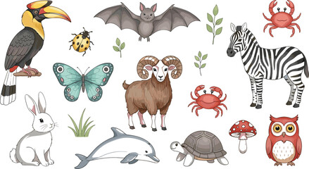 Obraz premium Cute Wildlife Animals and Insects Cartoon Illustration Set