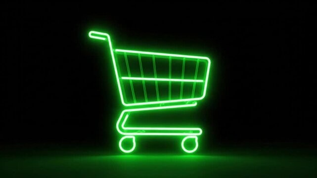 Bright green neon shopping cart symbol on a black background, representing online shopping and e-commerce.