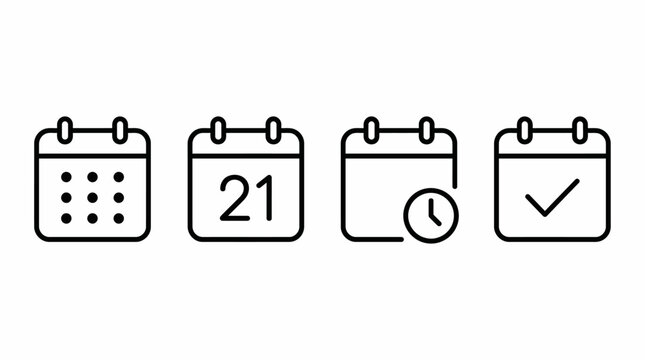 A Set of Four Clean Line Art Icons Representing Calendar Functions, Including Dates, Scheduling, Appointments, and Task Completion