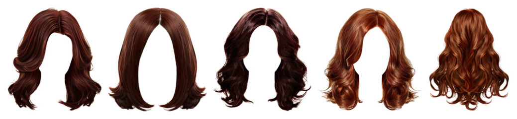 Naklejka premium PNG Variety of stylish brown wigs on transparent background