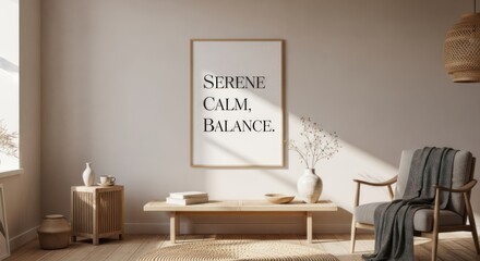 Obraz premium A minimalist room with a framed poster, a vase, a table, and a chair, featuring a serene and balanced atmosphere.