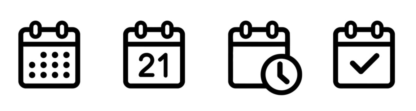 Modern vector outline calendar icon set illustrating various date-related functions including general scheduling, specific day marking, timed events, and task achievement for web and app design